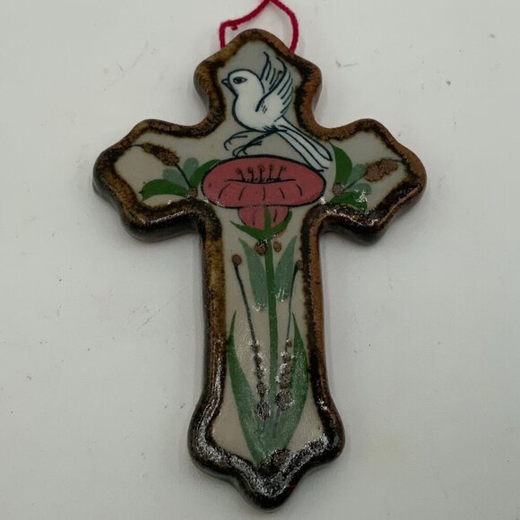 Vintage Tonala Mexican Pottery CROSS Ornament with Hand Painted Dove and Flower - Picture 1 of 3